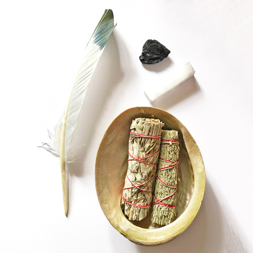 Complete Smudging Kit - Black Tourmaline Crystal, Selenite Rod, White Sage, Mugwort, Abalone Shell and Smudging Feather